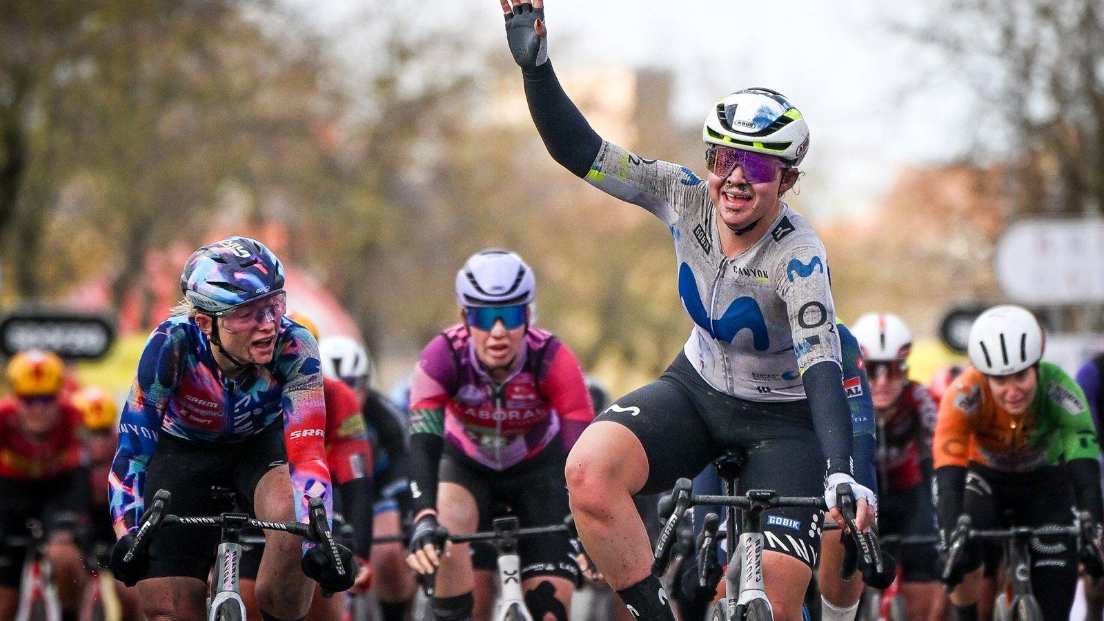 British Carys Lloyd of Movistar Team celebrates after winning the 'Ronde van Brugge' women's elite one-day cycling race, 143,7 km from and to Brugge on Thursday 26 March 2026. BELGA PHOTO ELIAS ROM