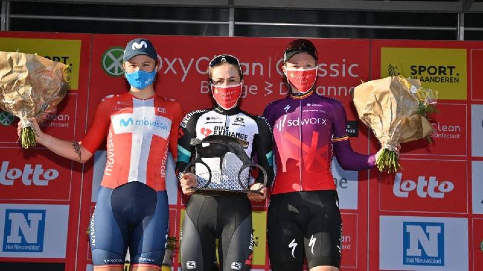 Danish Emma Norsgaard of Movistar, Australian Grace Brown of Team Bikeexchange and Belgian Jolien D'Hoore of Team SD Worx pictured on the podium after the women's elite classic race of the world tour, Brugge - De Panne cycling race, 203,9km from Brugge to De Panne, Thursday 25 March 2021.
BELGA PHOTO DAVID STOCKMAN